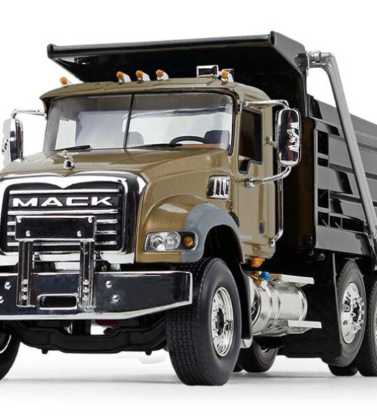 MODELO ESCALA 1/34 Mack Granite MP Dump Truck in Gold and Black  Construction. - camion volqueta (VOLTEO)