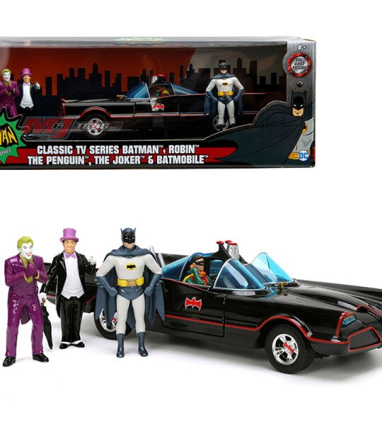 MODELO ESCALA 1:24 1966 Classic TV Series Batmobile With Batman, Robin, Penguin, & Joker Figures – Hollywood Rides