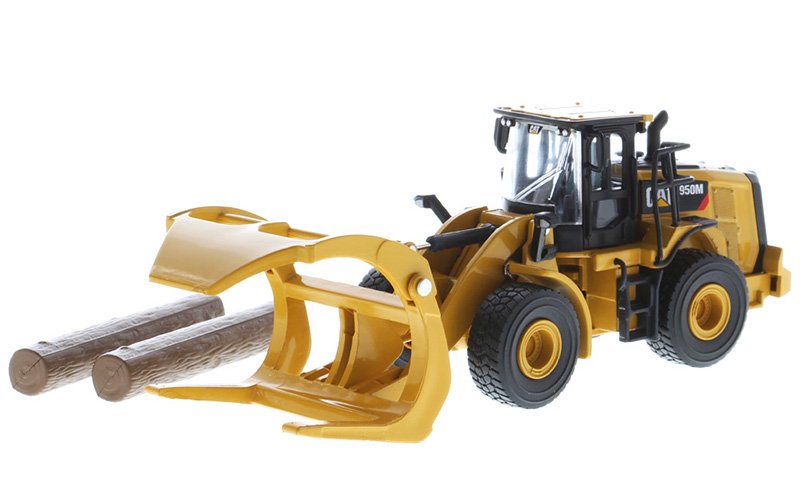 MODELO ESCALA 1:64 950M CAT Wheels Loader with Log Fork, General Purpose Bucket and Simulated Logs