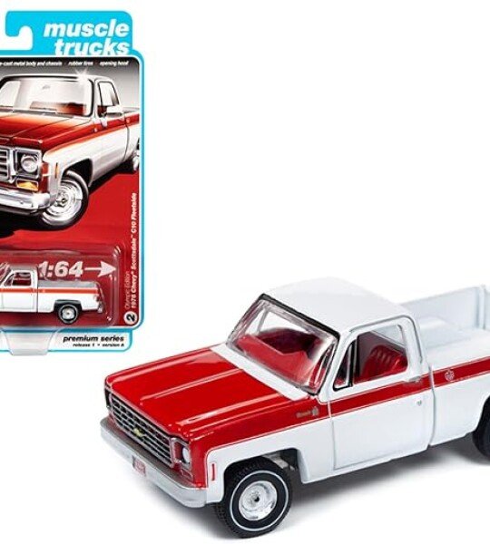 1/64 Auto World 1976 Chevrolet Scottsdale C10 Fleetside Pickup Truck "Olympic Edition" (White & Red) Diecast Car Model