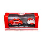 Motor City Classics 1:43 Coca-Cola Volkswagen Beetle with Teardrop Trailer – Red