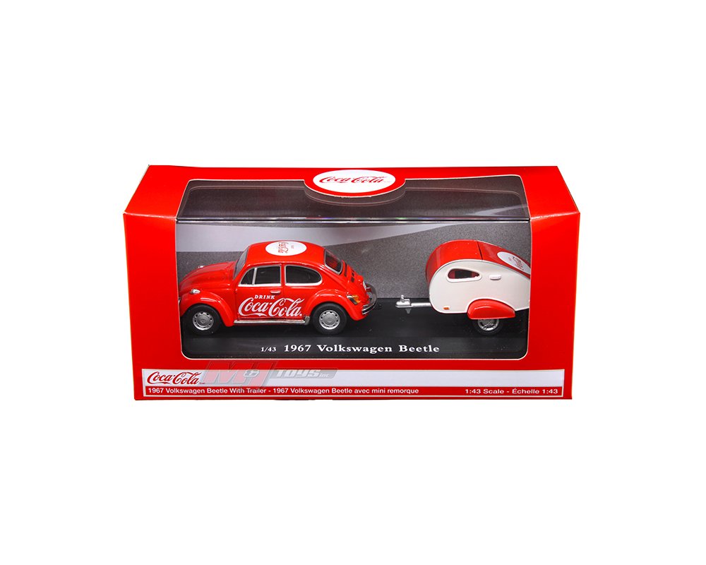 Motor City Classics 1:43 Coca-Cola Volkswagen Beetle with Teardrop Trailer – Red