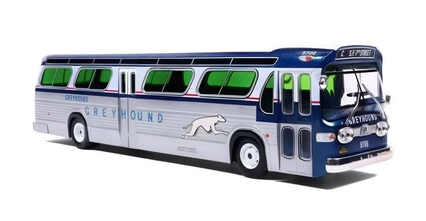 1963 GM Transit Bus: Greyhound Bus Lines 1:43 ABS Plastic Bus Model by Iconic Replicas