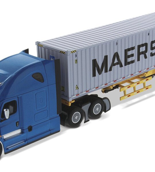 TRAILER COMPLETO ESCALA 1/50 Freightliner New Cascadia with Sleeper in Blue and Skeletal Trailer with MAERSK 40' Shipping Container