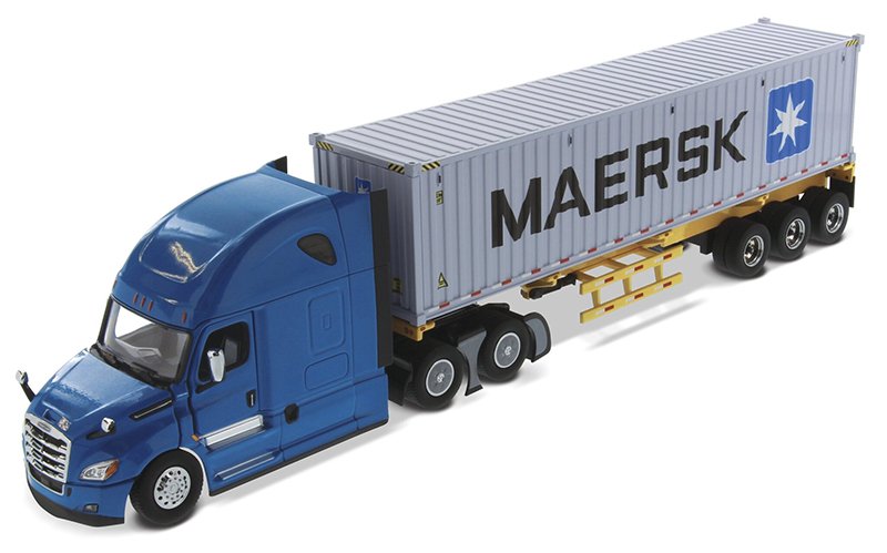 TRAILER COMPLETO ESCALA 1/50 Freightliner New Cascadia with Sleeper in Blue and Skeletal Trailer with MAERSK 40' Shipping Container