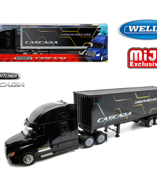 TRAILER Welly 1:32 Freightliner Cascadia with Custom “CASCADIA” Black Container – Transporter – Mijo Exclusives