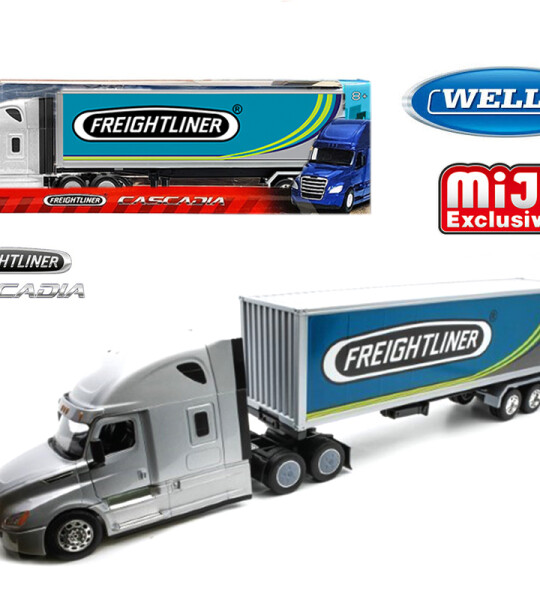 TRAILER Welly 1:32 Freightliner Cascadia with Custom “FREIGHTLINER” Silver Container – Transporter – MiJo Exclusives