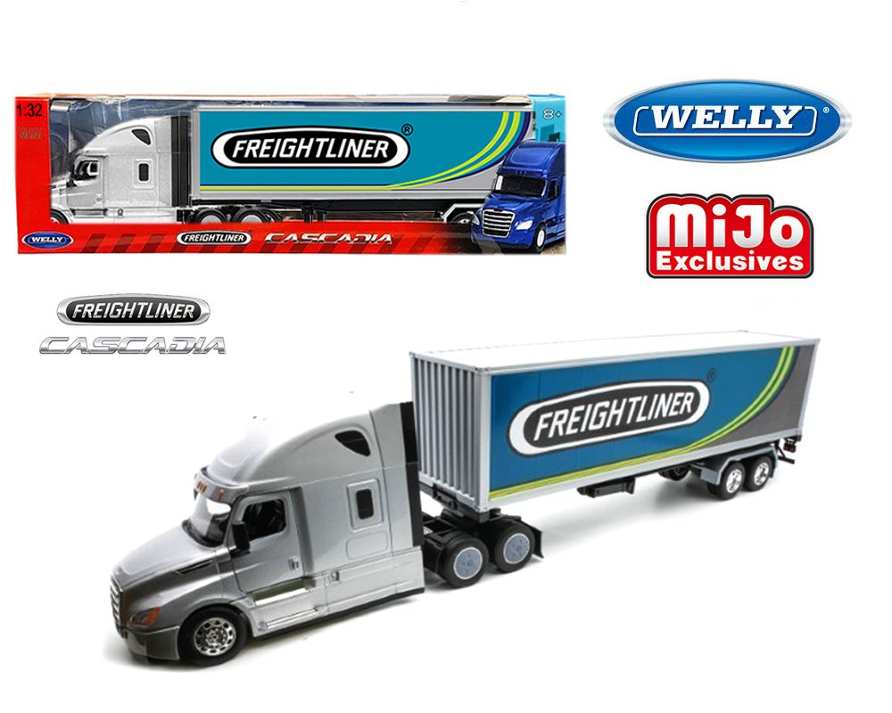 TRAILER Welly 1:32 Freightliner Cascadia with Custom “FREIGHTLINER” Silver Container – Transporter – MiJo Exclusives