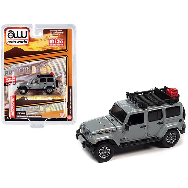 MODELO ESCALA 1:64 2018 Gray Jeep Wrangler Rubicon w/ Roof Rack Model Car