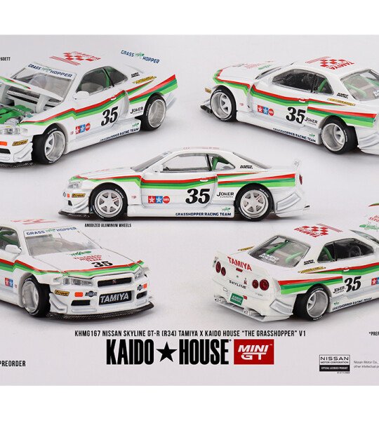 Kaido House x Mini GT 1:64 Nissan Skyline GT-R (R34) Tamiya X Kaido House “The Grasshopper” V1 – White