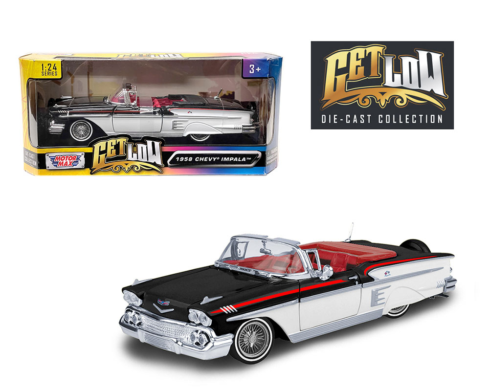 MODELO ESCALA 1:24 1958 Chevrolet Impala Convertible Lowrider (Black and White Two-tone) – Get Low