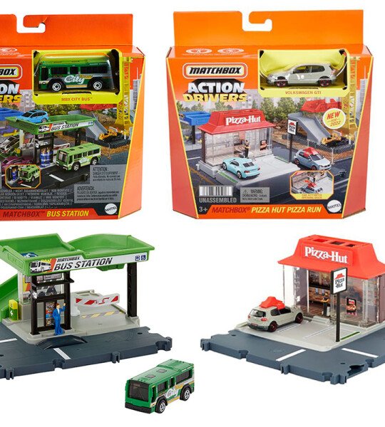 DIORAMA Matchbox 1:64 Action Drivers Assortment Bus Station With City Bus & Pizza Hut