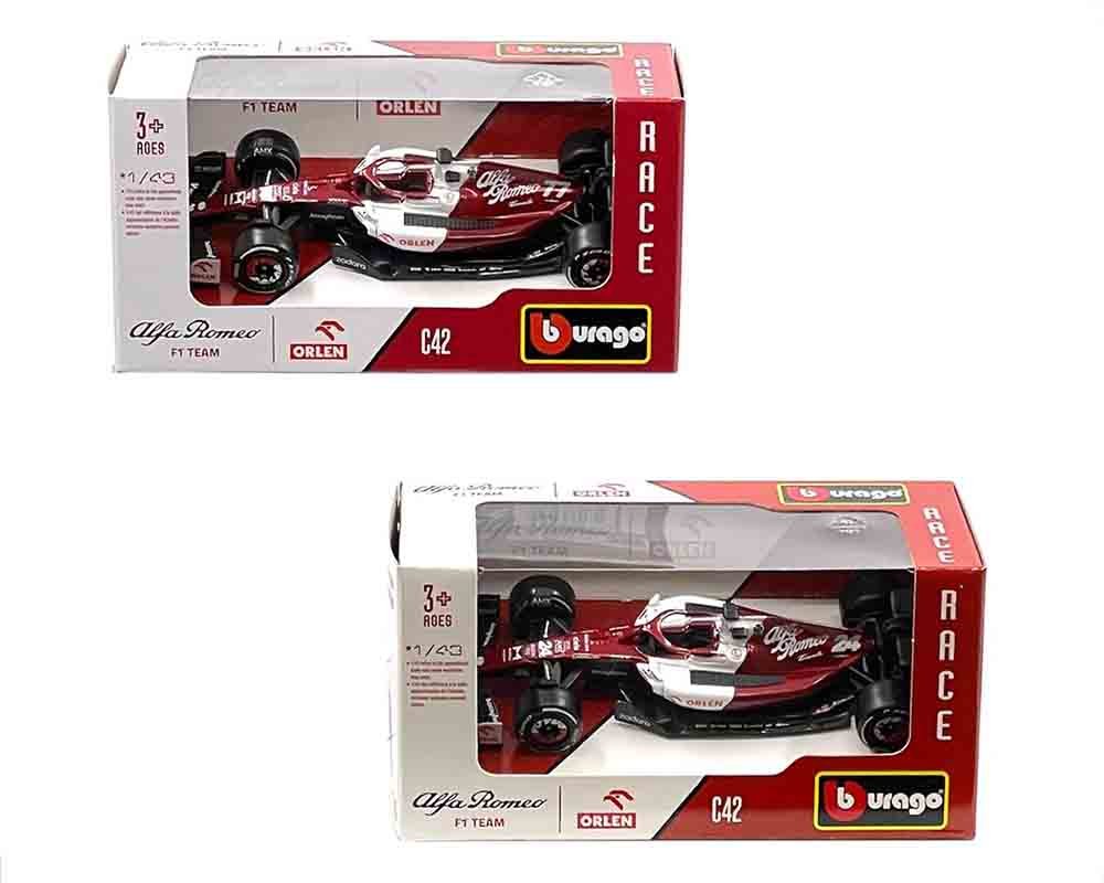 Bburago 1:43 Alfa Romeo 2022 F1 Team Bahrain GP Assortment #77 Valtteri Bottas / #24 Zhou Guanyu – Race F1