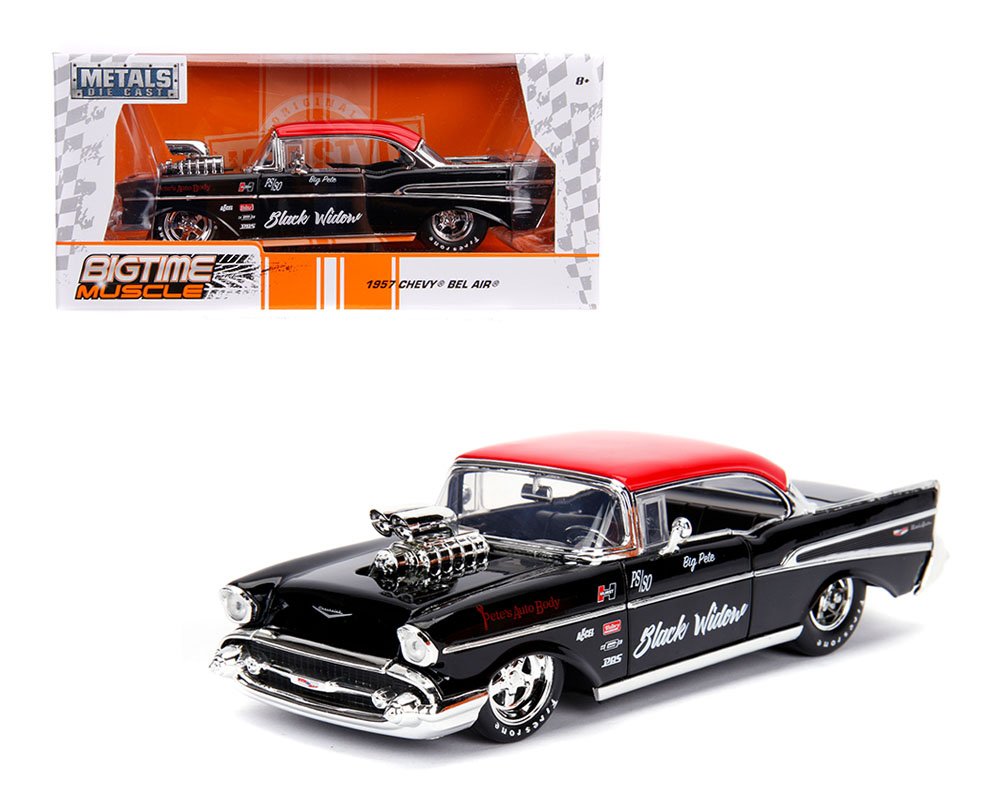 MODELO ESCALA 1:24 1957 Chevrolet Bel Air Pro Stock (Black with Red Top) – Bigtime Muscle