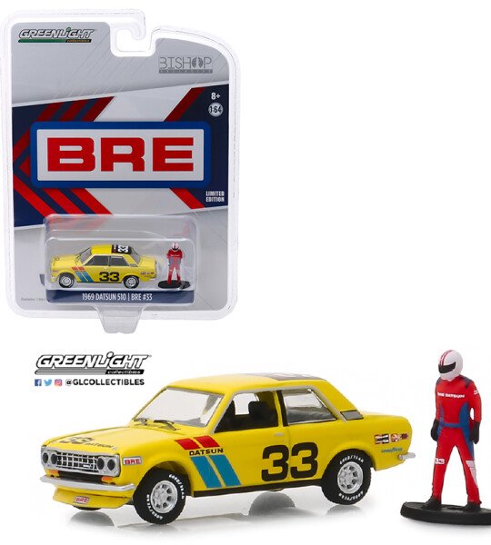 MODELO ESCALA 1:64 Bishop Exclusive 1971 Datsun 510 Wide Body BRE #33 With Racing Figure