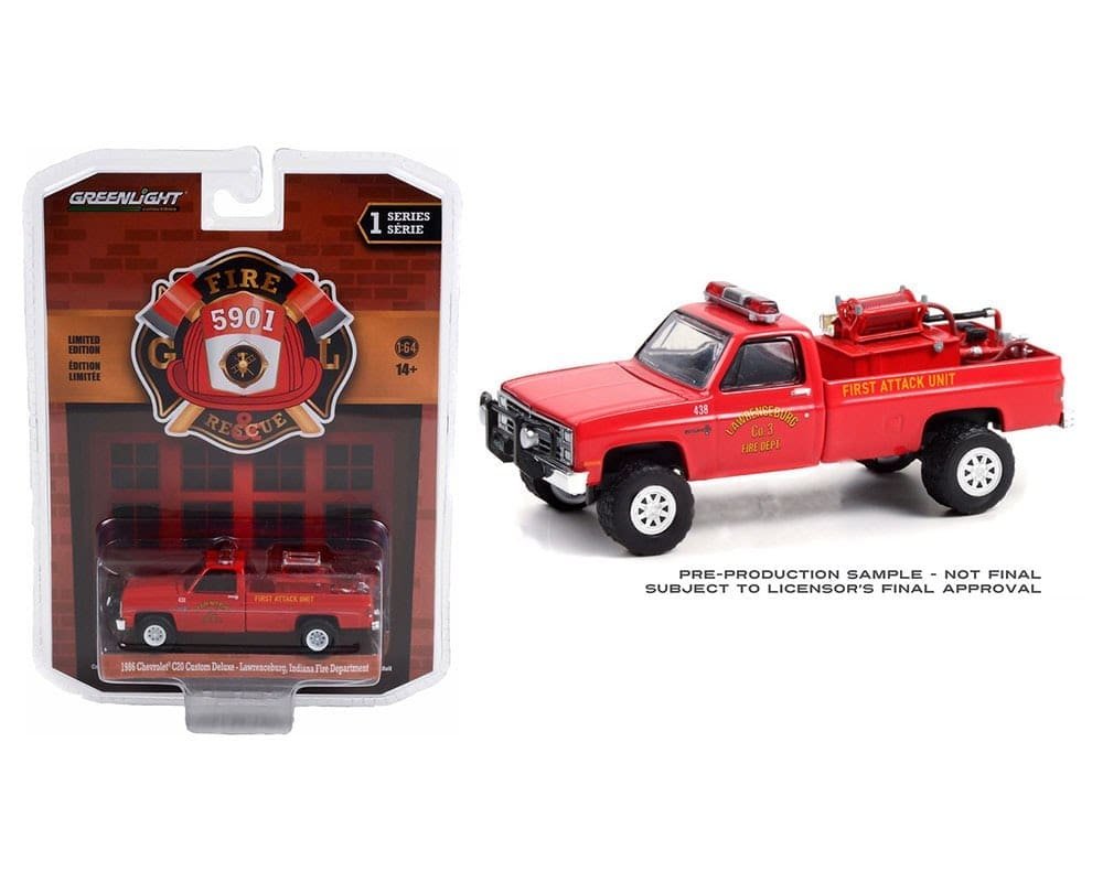 Greenlight 1:64 Fire & Rescue Series 1 – 1986 Chevrolet C20 Custom Deluxe – Lawrenceburg, Indiana Fire Department First Attack Unit with Fire Equipment, Hose and Tank