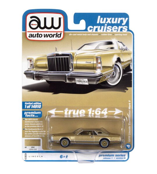 MODELO Auto World 1:64 1978 Lincoln Continental Mark V (Jubilee Gold)