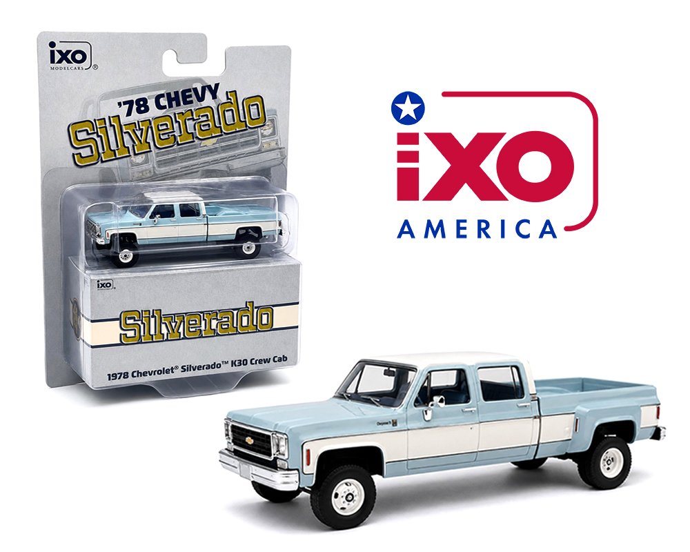 IXO Model 1:64 1978 Chevrolet Silverado K30 Crew Cab Fleetside Lifted -Blue with White – Limited Edition PICKUP