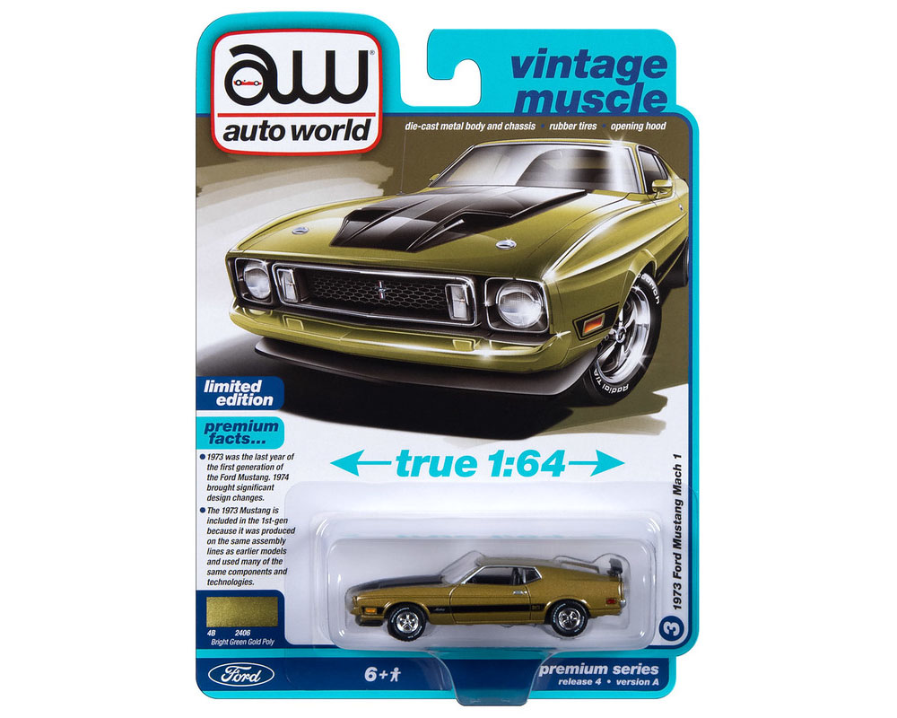 Auto World 1:64 1973 Ford Mustang Mach 1 – Bright Green Gold Poly – Premium 2023 Release 4 Version A Limited Edition