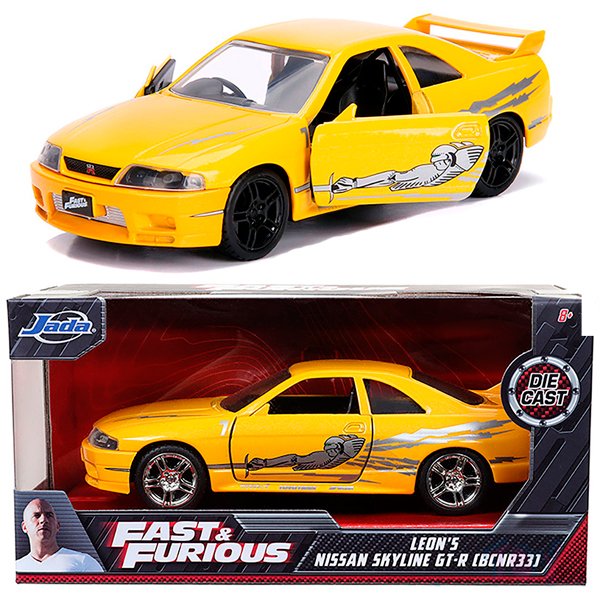 MODELO ESCALA 1/32 Leon's Nissan Skyline GT-R (BCNR33), Yellow - Jada Toys- RAPIDO Y FURIOSO Diecast Model