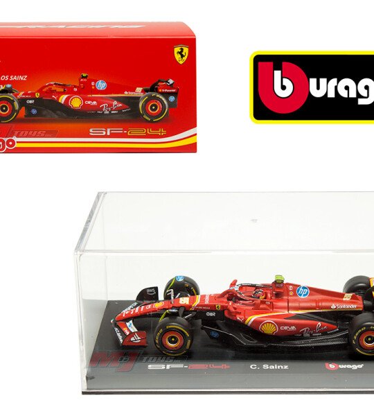 Bburago 1:43 Ferrari F1 Team SF-24 2024 #55 Carlos Sainz – Acrylic Case with Driver in Car – Formula Racing - formula 1