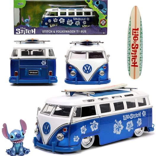 MODELO ESCALA  1:24 1962 Volkswagen T1 Bus with Stitch Figure and Surfboard – Lilo & Stitch – Hollywood Rides