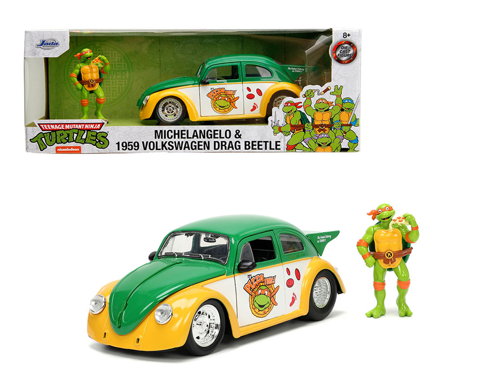 Jada 1:24 1959 Volkswagen Drag Beetle with Michelangelo Figure – Teenage Mutant Ninja Turtles (TMNT) – TORTUGA NINJA