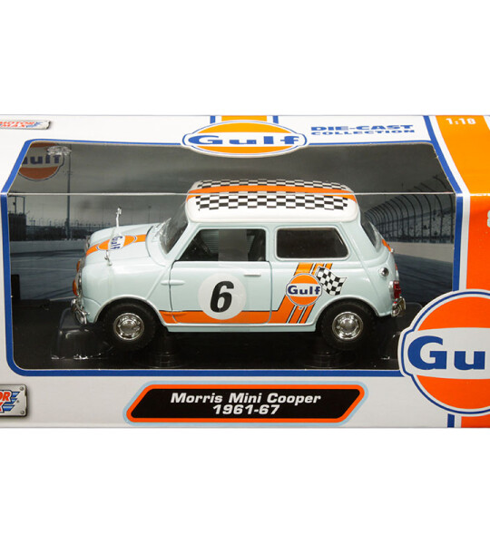 MODELO ESCALA 1:18 1961-1967 Morris Mini Cooper with GULF Livery (Light blue with orange stripes and checkered roof)