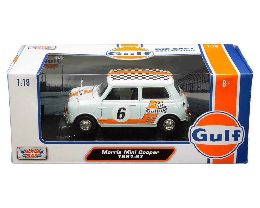 MODELO ESCALA 1:18 1961-1967 Morris Mini Cooper with GULF Livery (Light blue with orange stripes and checkered roof)