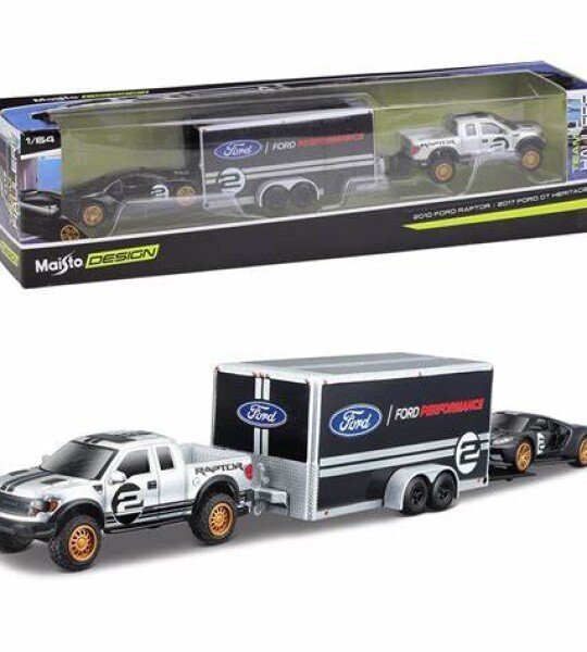 1:64 Ford F-150 SVT Raptor / Car Trailer / 2017 Ford GT Black - PICKUP CON TRAILER Y AUTO