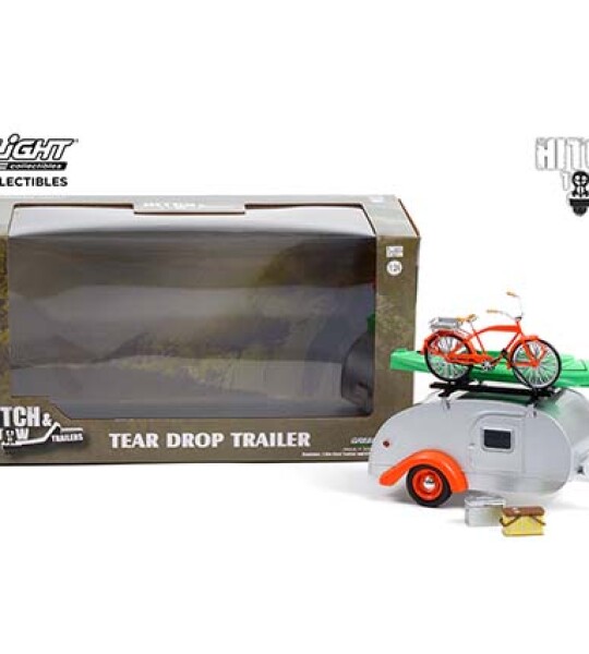 MMODELO ESCALA Greenlight 1:24 Hitch & Tow Trailers Series 6 – Teardrop Trailer in Silver with Orange Trim, Roof Rack, Bicycle, Kayak, Cooler and Picnic Basket