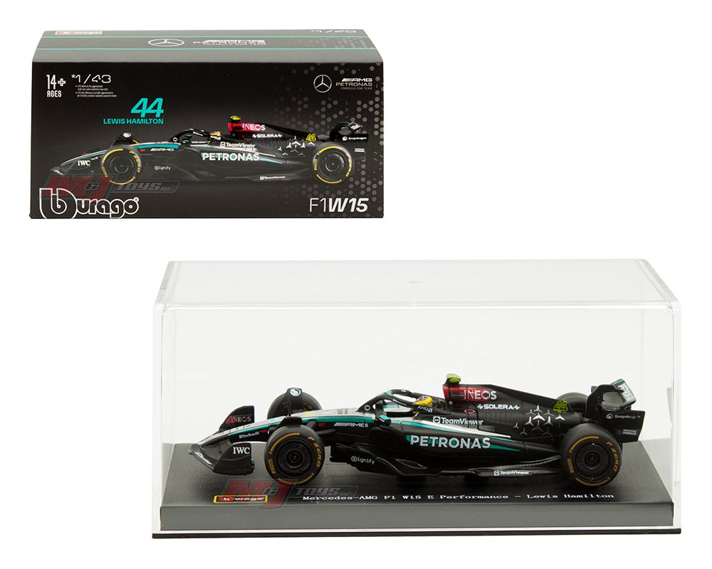 Bburago 1:43 AMG Petronas Formula 1 Team F1W15 #44 Lewis Hamilton in Acrylic Case with Seated Driver – Formula Racing - FORMULA 1