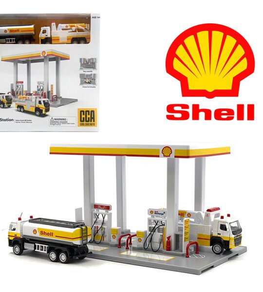 CCA 1:64 Shell Gas Station Playset with Volvo Oil Tanker & Volvo Tow Truck (9.75″ L x 5.5″ W x 5.5″ H) - GASOLINERA