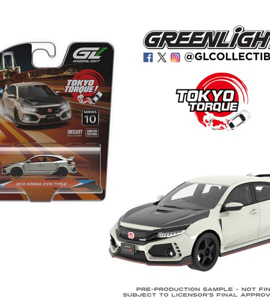 Greenlight 1:64 Tokyo Torque Series 10 – 2018 Honda Civic Type-R (FK8) with Custom Wheels and Carbon Hood – Championship White – Solid Pack
