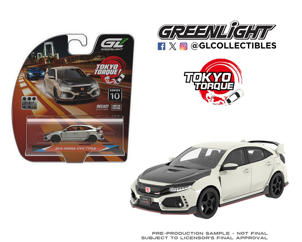 Greenlight 1:64 Tokyo Torque Series 10 – 2018 Honda Civic Type-R (FK8) with Custom Wheels and Carbon Hood – Championship White – Solid Pack